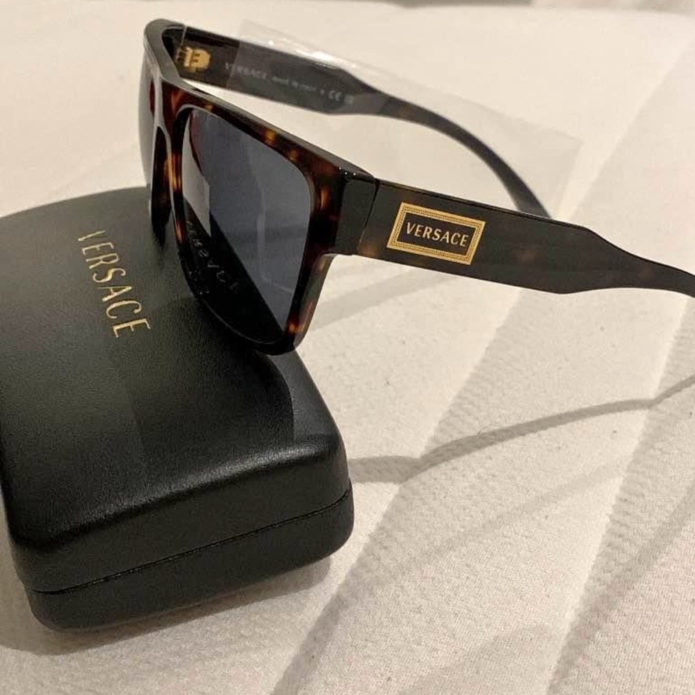 Versace Tortoiseshell Frame Sunglasses with Black Lenses and Gold Logo